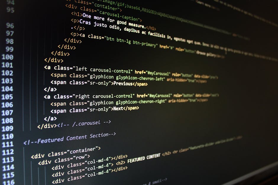 A close-up view of a computer screen displaying lines of HTML code with syntax highlighting in various colors on a dark background. The code includes tags such as <a>, <span>, <div>, and comments, ind