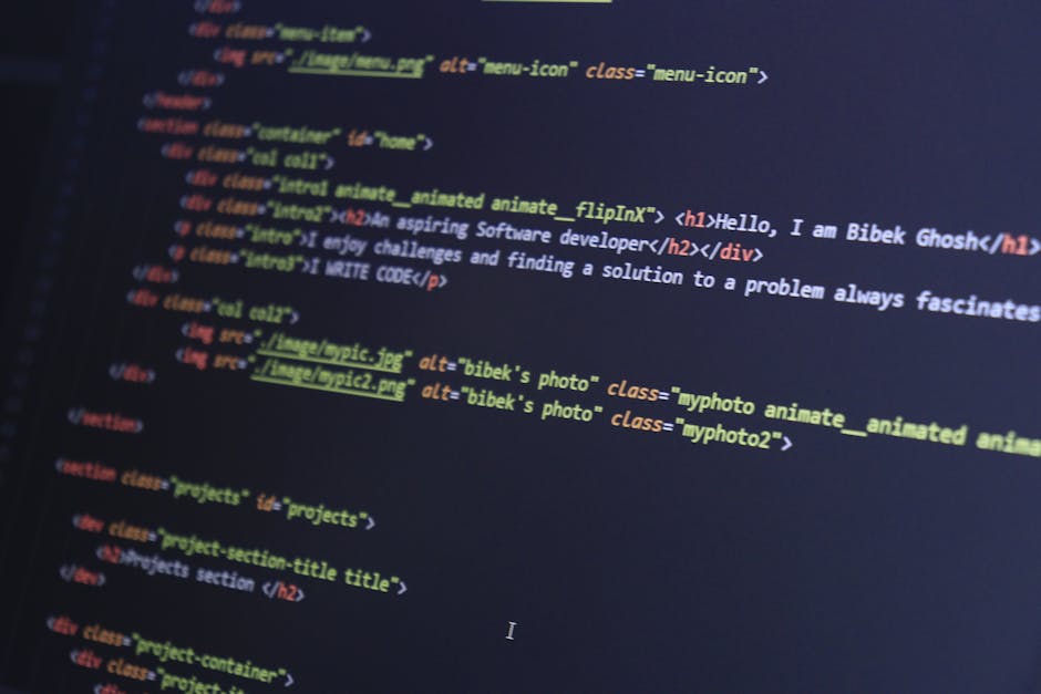 A close-up view of a computer screen displaying lines of HTML code with syntax highlighting in various colors on a dark background. The code includes tags such as <a>, <span>, <div>, and comments, ind