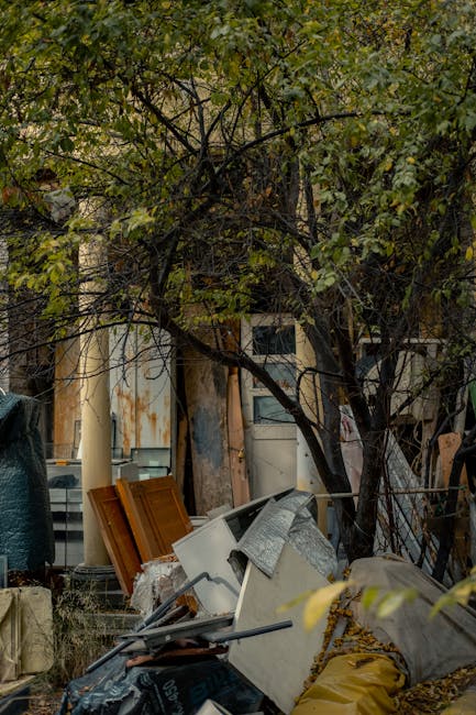 A man with curly dark hair, wearing a black t-shirt and plaid shorts, stands on a sidewalk beside large, weathered skip containers filled with construction debris, including wooden planks, tiles, and 